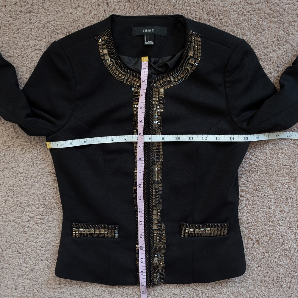 Forever 21 Black Gold Bling Trim Hook Closure Blazer Jacket Size Small - Picture 10 of 11